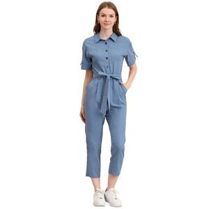 Short Sleeve Collared Cropped Button Down Tie Waist Cotton Cargo Jumpsuit Blue